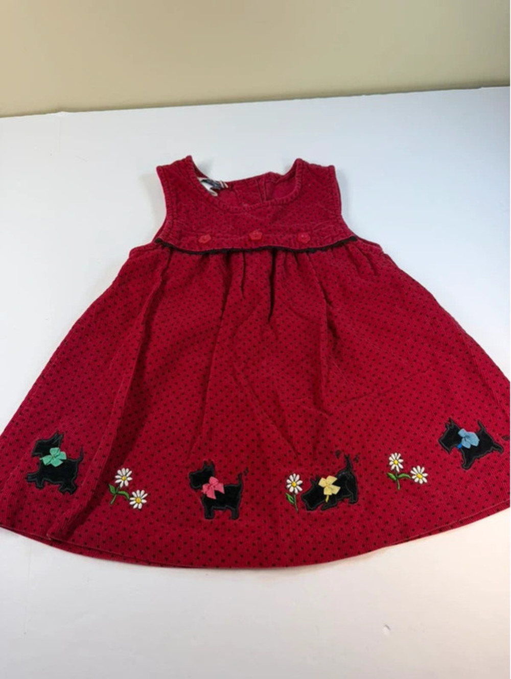 Samara Vintage Toddler Girls Red Corduroy Scottie Dog Jumper Dress 2T